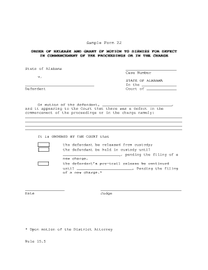 Alabama Order of Release and Grant of Motion to Dismiss for Defect
