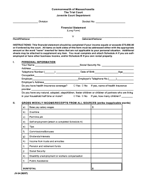 Massachusetts Juvenile Court Financial Statement