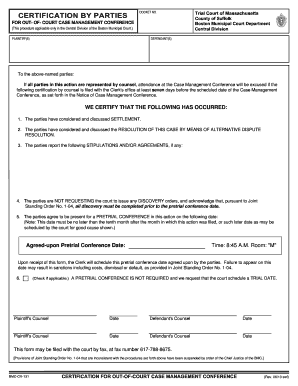 Massachusetts Certification for Out-of-Court Case Management Conference