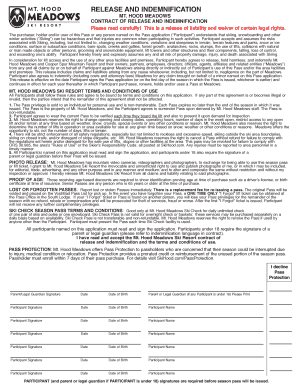 Mt. Hood Meadows Ski Resort Release and Indemnification Form