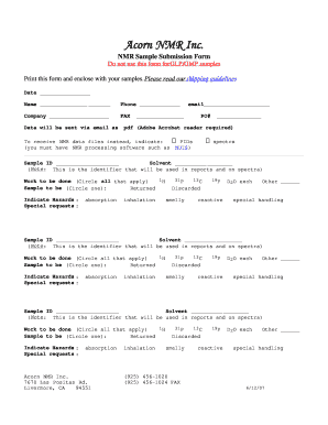 NMR Sample Submission Form Do not use this form for GLP/GMP samples Print this form and enclose with your samples