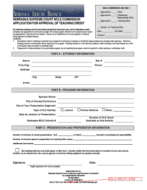 Nebraska MCLE Teaching Credit Application