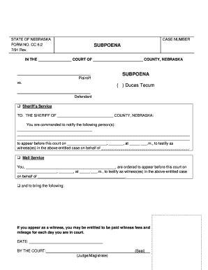 Nebraska Subpoena Form