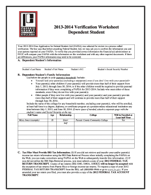 2013-2014 Verification Worksheet for Dependent Student