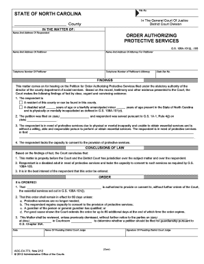 North Carolina Order Authorizing Protective Services
