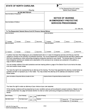 North Carolina Notice of Hearing for Emergency Protective Services