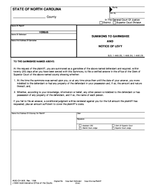 North Carolina Summons to Garnishee