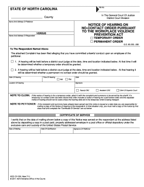 North Carolina No-Contact Order Hearing Notice