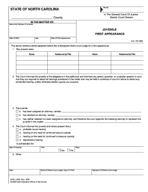 North Carolina Juvenile First Appearance Form