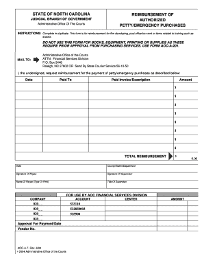 North Carolina Petty/Emergency Purchase Reimbursement Form