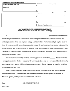 Section 8 Tenant’s Supersedeas Affidavit
