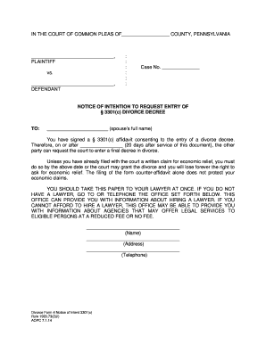 Divorce Form 4 Notice of Intention to Request Entry of Section 3301(c) Divorce Decree and Counter-Affidavit