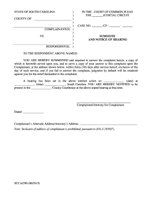 South Carolina Summons and Notice of Hearing