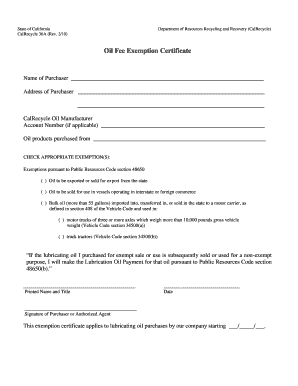 California Oil Fee Exemption Certificate