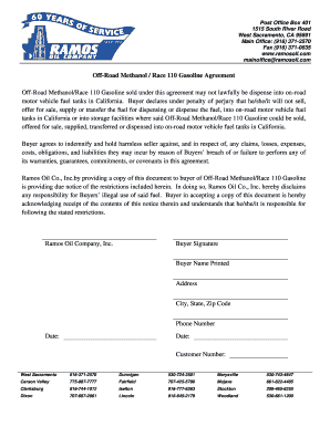 Off-Road Methanol/Race 110 Gasoline Agreement