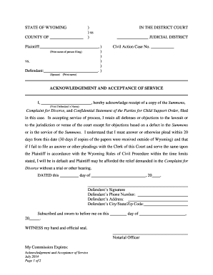 Wyoming Divorce Service Acknowledgement