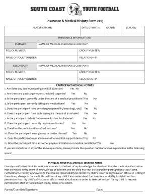 School Physical Fitness and Medical History Form