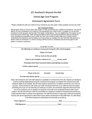 School Age Care Homework Agreement Form
