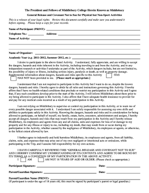 Middlebury General Release and Covenant Not to Sue