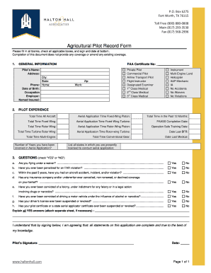 Agricultural Pilot Record Form