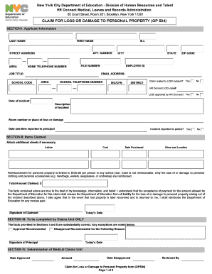 Claim for Loss or Damage to Personal Property (OP 504)