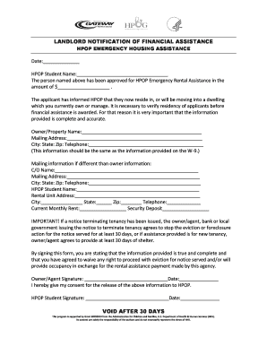 Landlord Notification of Financial Assistance
