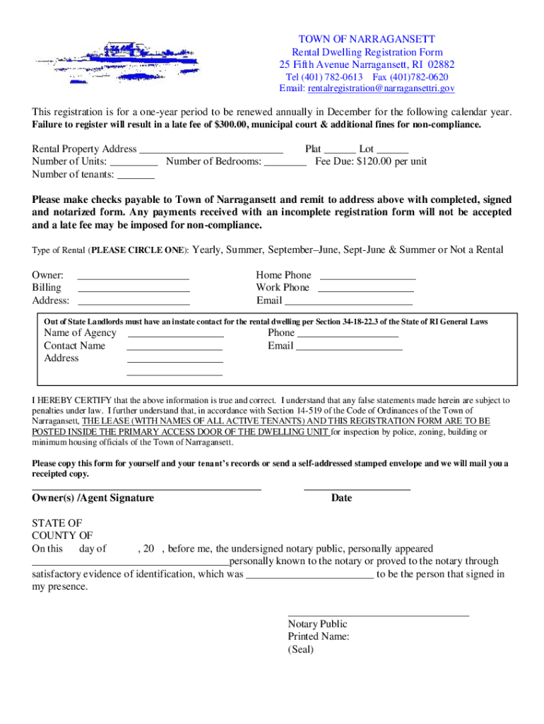 Narragansett Rental Registration Form Preview on Page 1