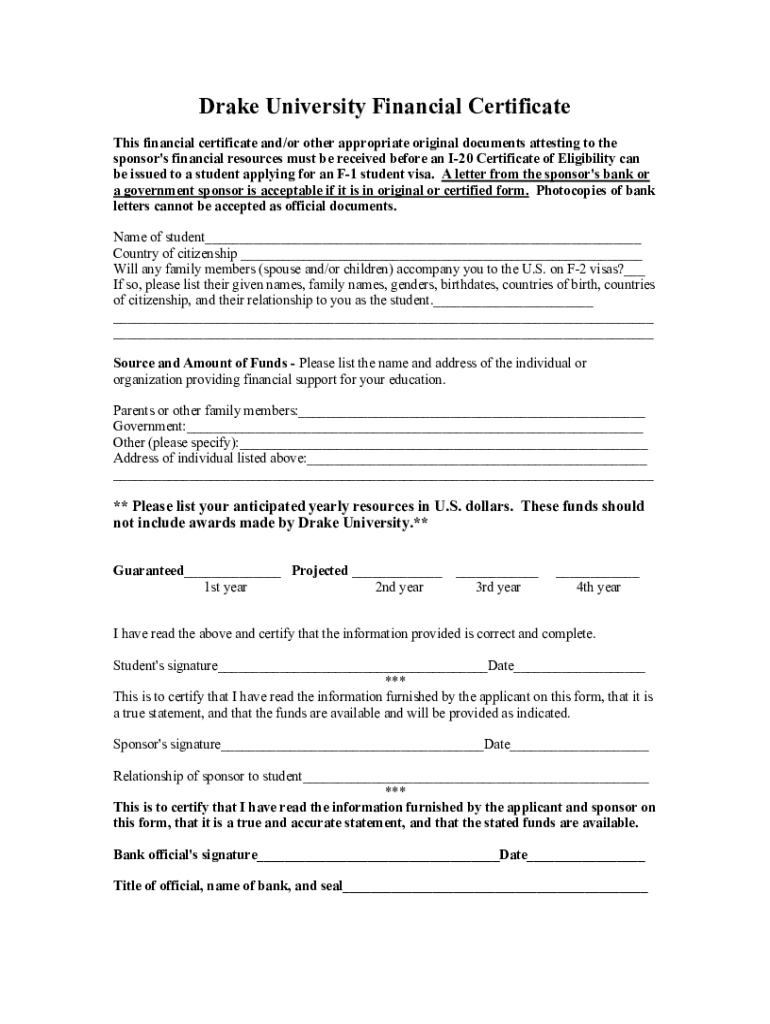 Fillable Online 20202021 Financial Certificate Drake University Fax