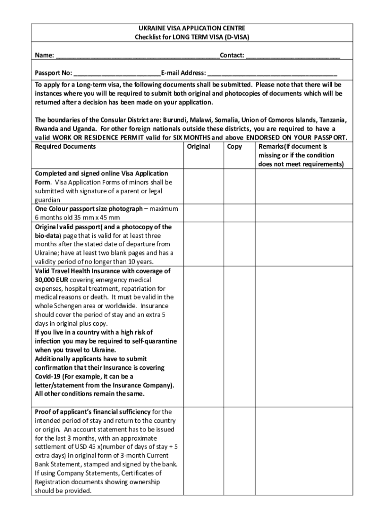 Fillable Online UKRAINE VISA APPLICATION CENTRE Checklist For LONG TERM Fax Email Print