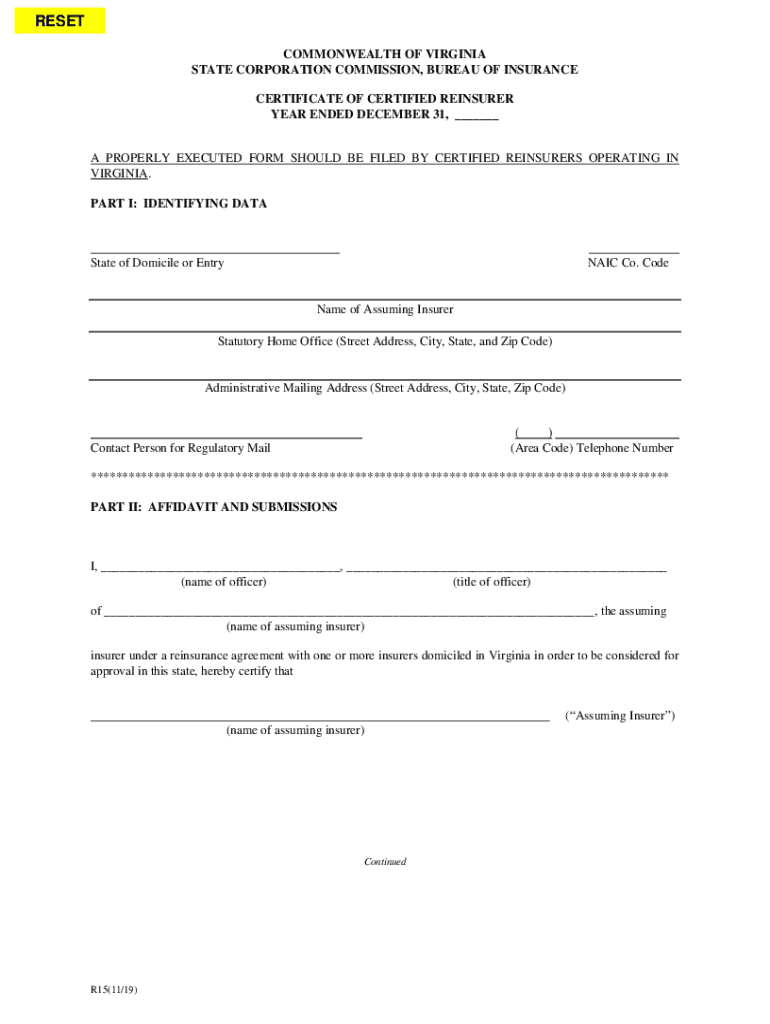 Fillable Online Certificate of Certified Reinsurer State Corporation