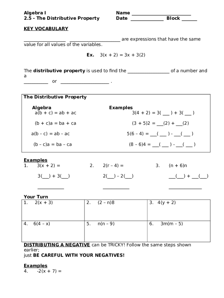 distributive property notes pdf Doc Template | pdfFiller