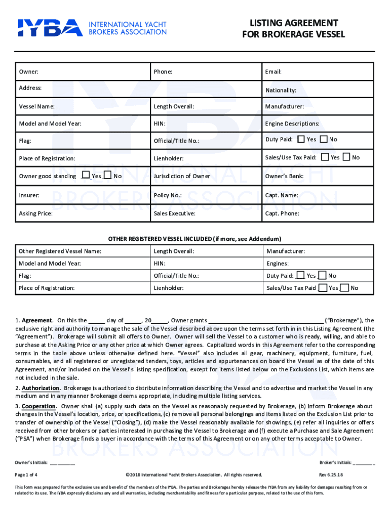 LISTING AGREEMENT FOR BROKERAGE VESSEL Preview on Page 1