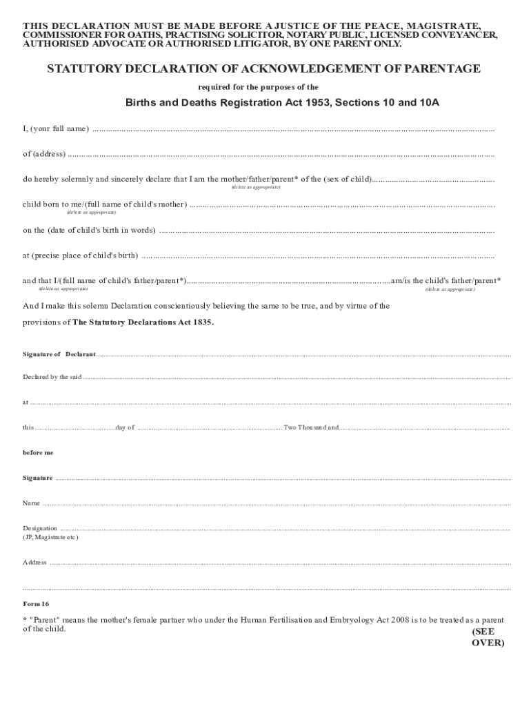 2020 2024 Form UK Statutory Declaration Of Acknowledgement Of Parentage