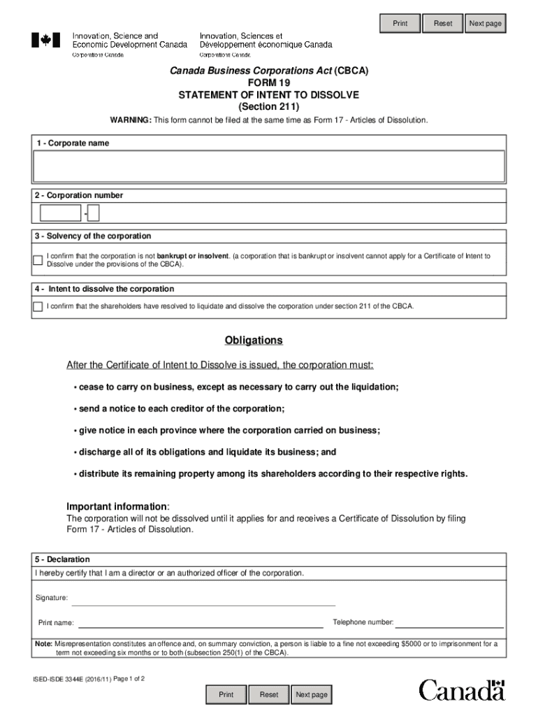 Fillable Online ISED ISDE 3344E Statement Of Intent To Dissolve Form 