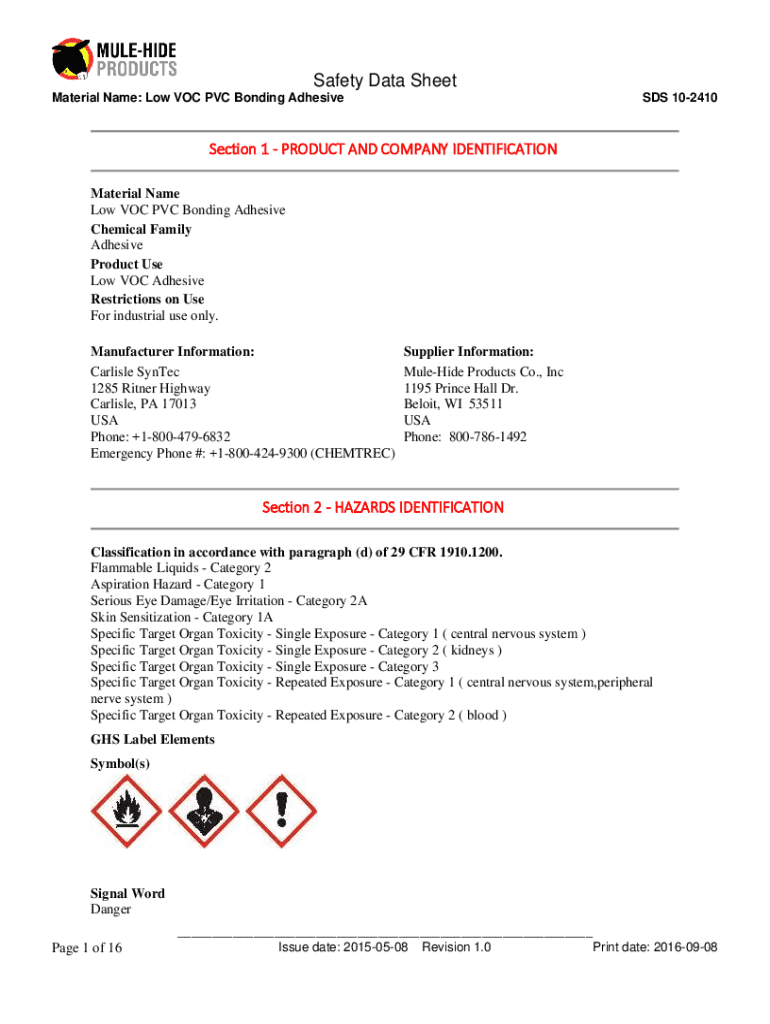 Fillable Online LowVOC PVC Bonding Adhesive SDS. SDS for LowVOC PVC