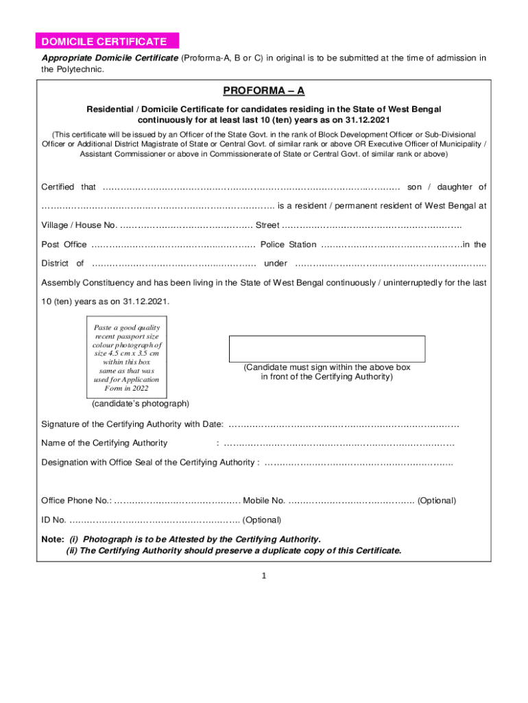 residence certificate application form pdf Preview on Page 1