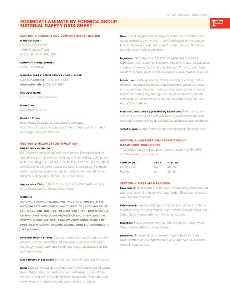 Fillable Online FORMICA LAMINATE BY FORMICA GROUP MATERIAL SAFETY DATA