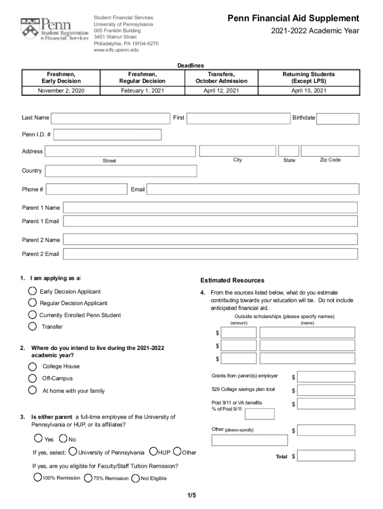 financial aid supplement form Preview on Page 1