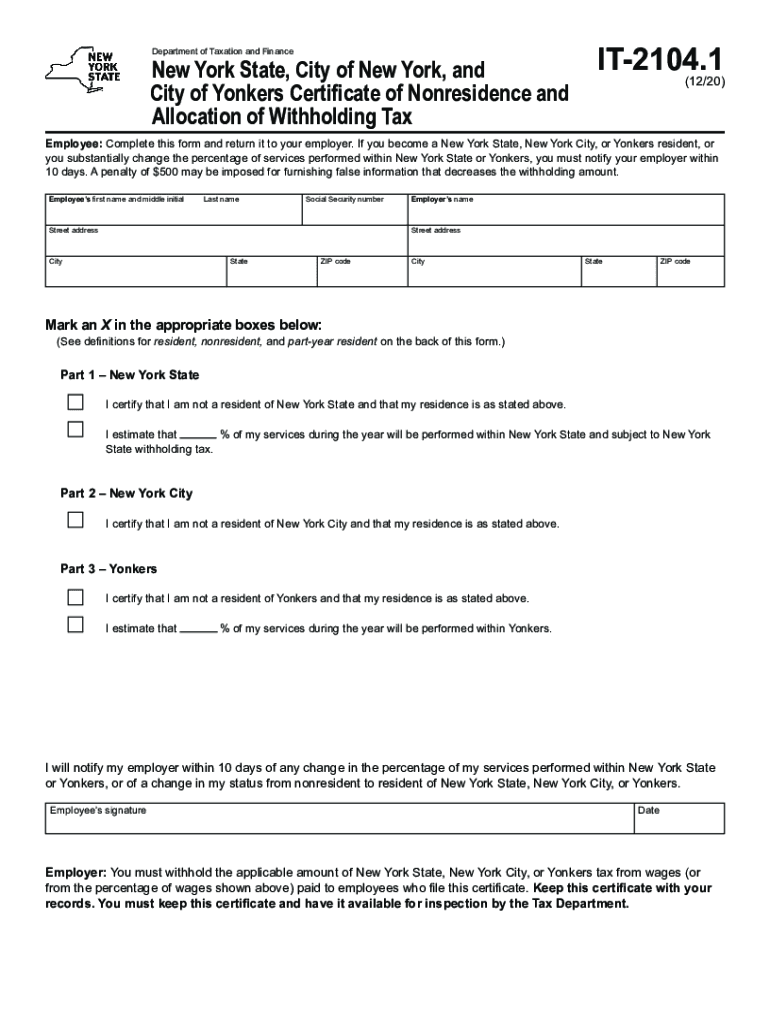 2020-2024 Form NY DTF IT-2104.1 Fill Online, Printable, Fillable, Blank - pdfFiller