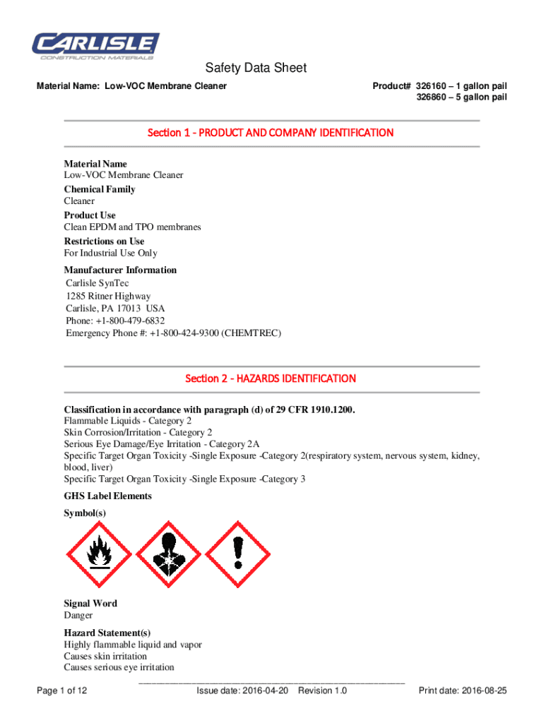 Fillable Online LowVOC Membrane Cleaner SDS. SDS for LowVOC