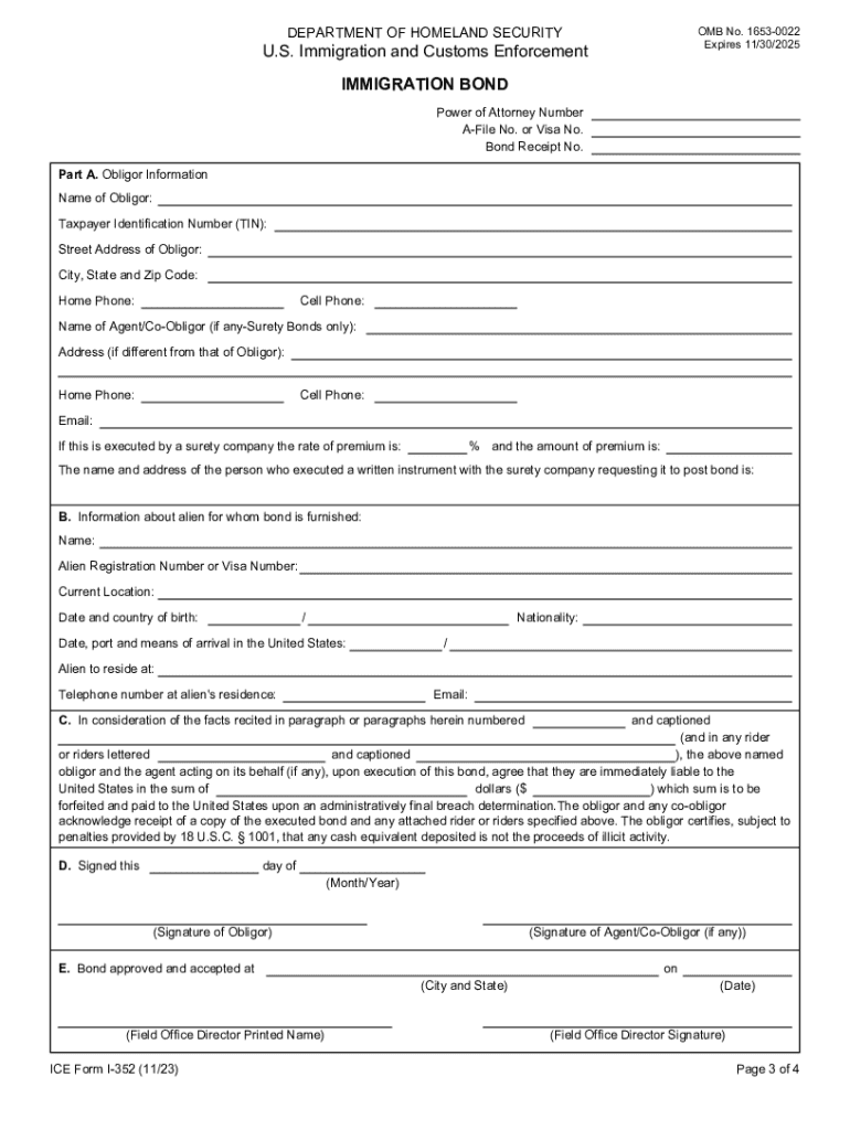 US Immigration Bond Form I-352 Preview on Page 1