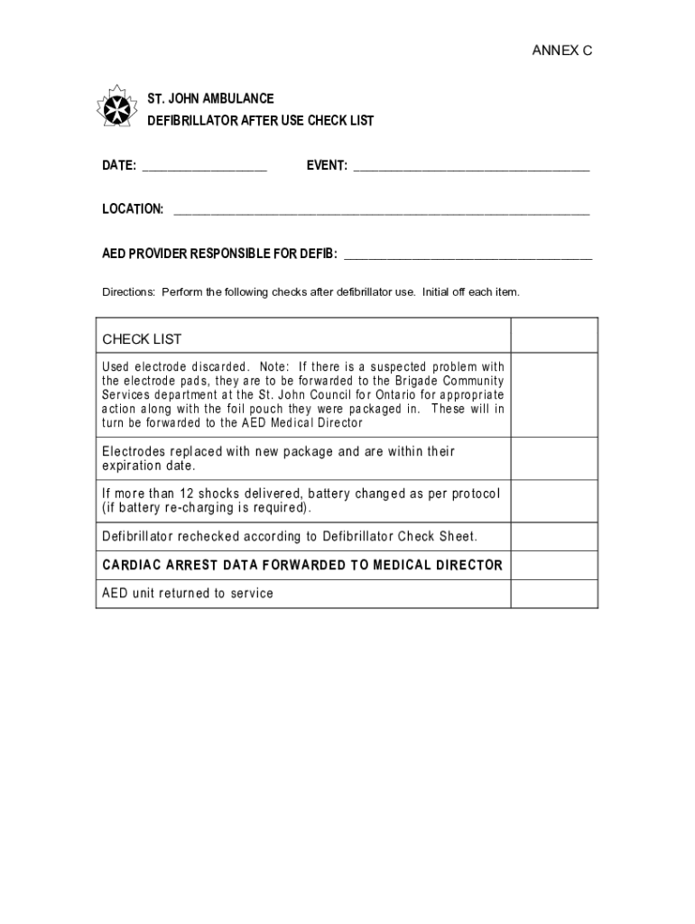 Fillable Online AED Brigade Defib After Use Check Sheet.doc Fax Email