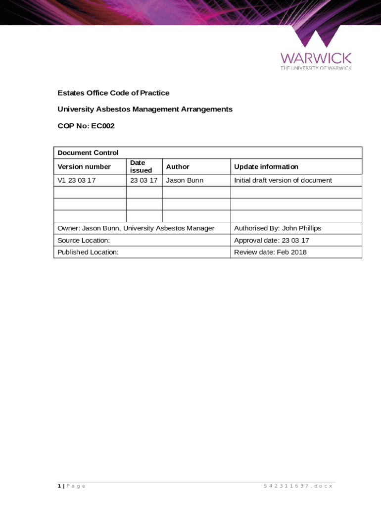 Estates Office Code of Practice warwick ac Doc Template pdfFiller