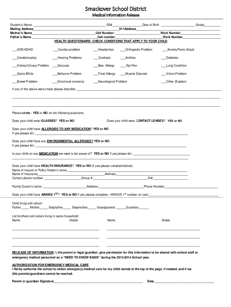 Fillable Online Smackover School District Medical Information Release