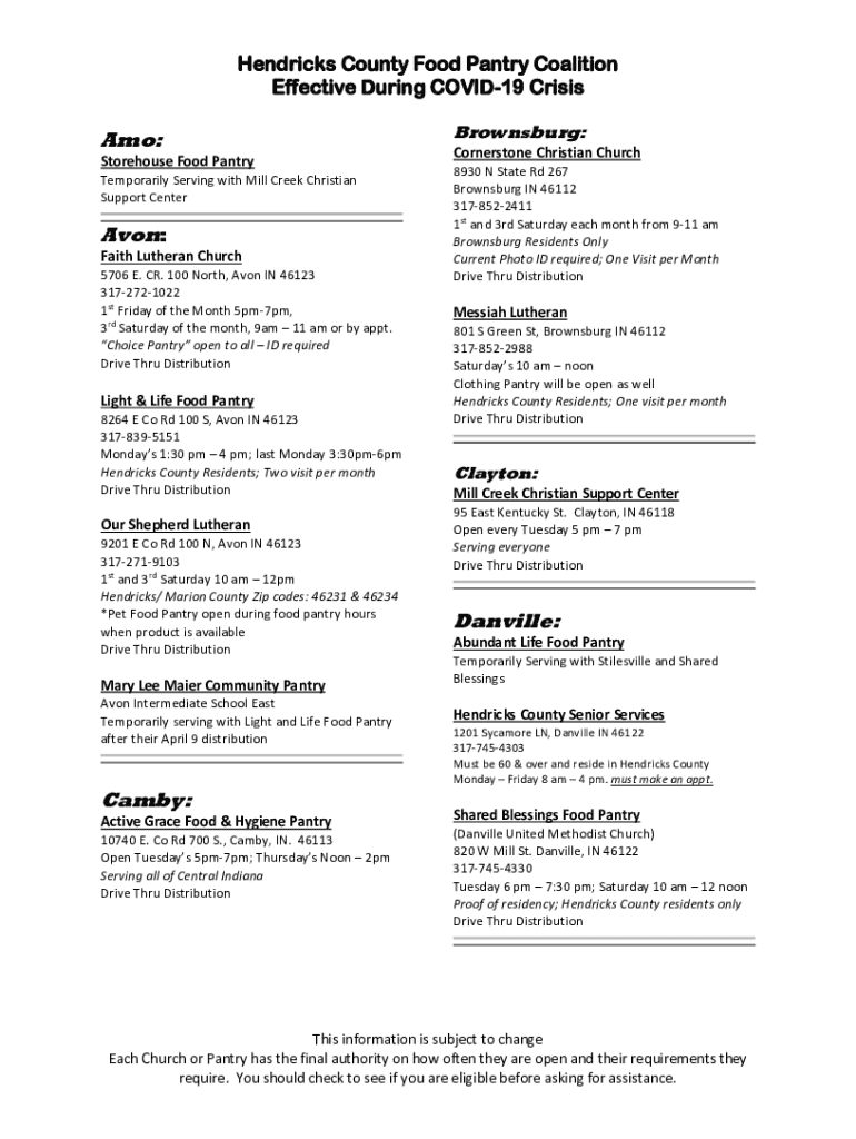 Fillable Online Contact a Local Food Pantry Hendricks County