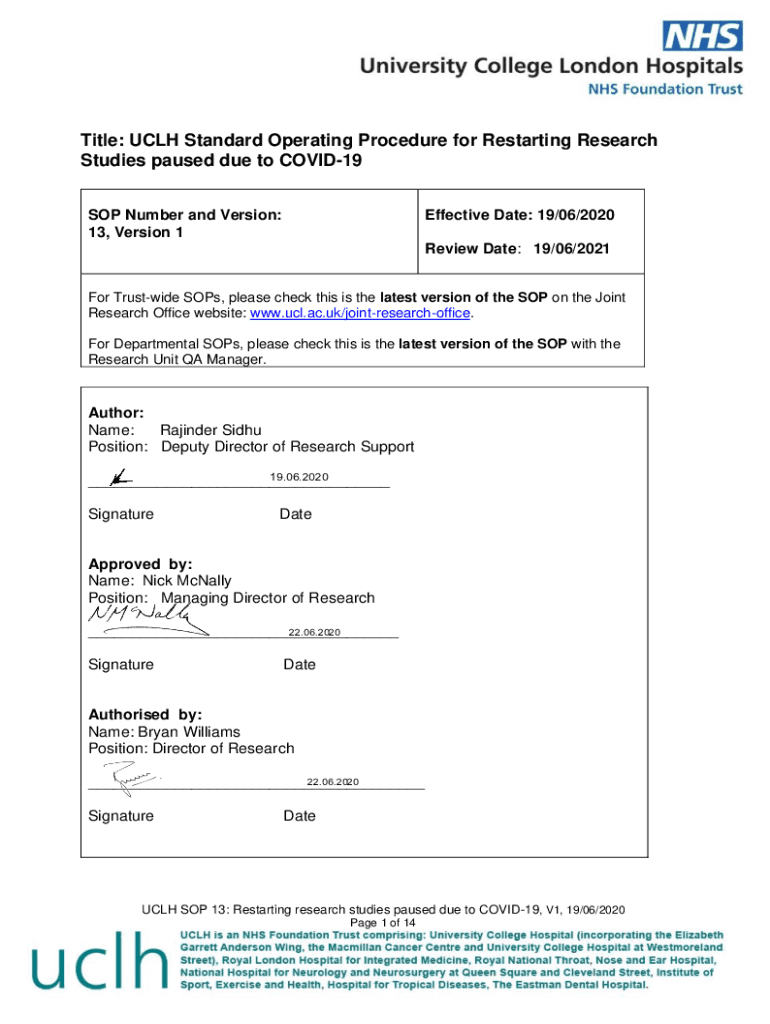 Fillable Online Title UCLH Standard Operating Procedure for Restarting