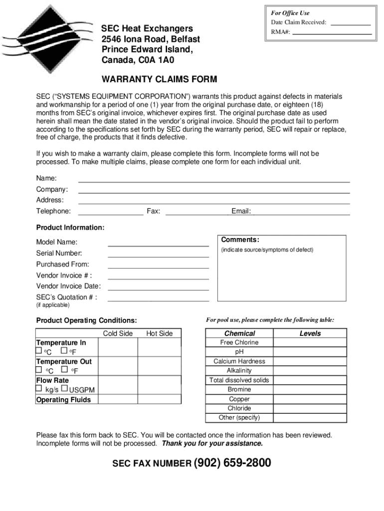 Fillable Online SEC Heat Exchangers Warranty Claims Form. SEC Heat ...