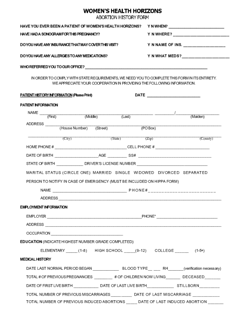 Fillable Online HAVE YOU EVER BEEN A PATIENT OF WOMEN'S HEALTH HORIZONS