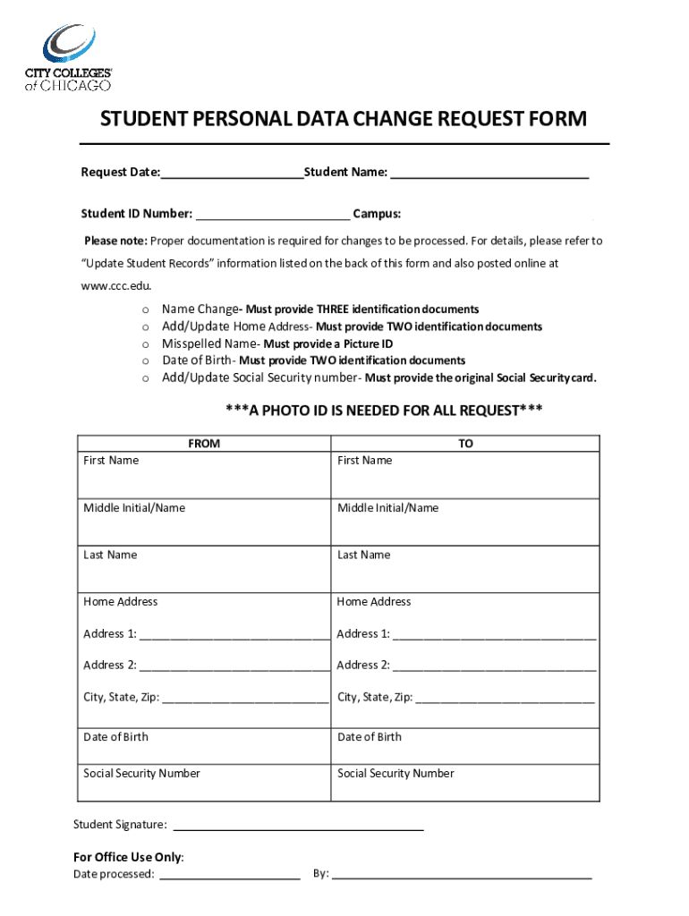 Fillable Online STUDENT PERSONAL DATA CHANGE REQUEST FORM Fax Email