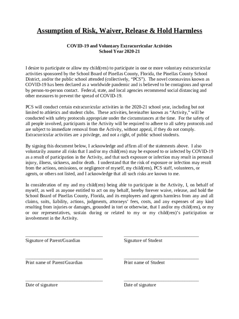 Assumption of Risk, Waiver, Release & Hold Harmless Doc Template